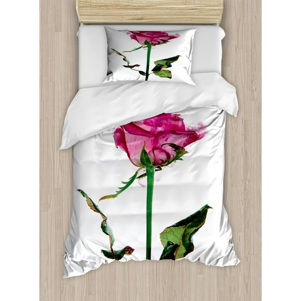 Rosa Funda Nórdica Conjuntos, Single Rose Flower Branch Smoking Look Ilustración,