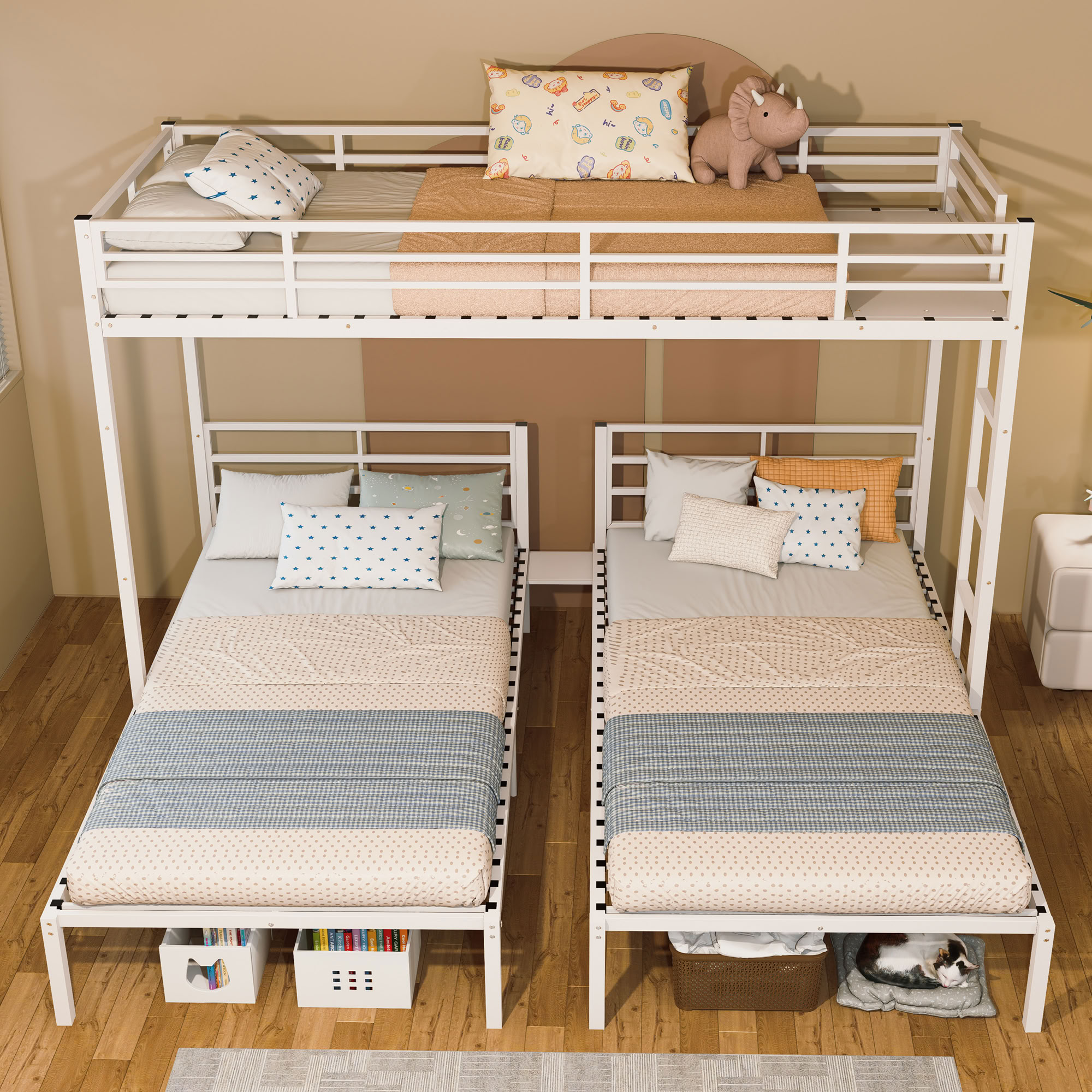 MAYEERTY Triple Bunk Bed for 3, Metal Twin Bed Frame with Guardrails and Noise-Reduced Slats, Space-Saving for Bedroom Dorm