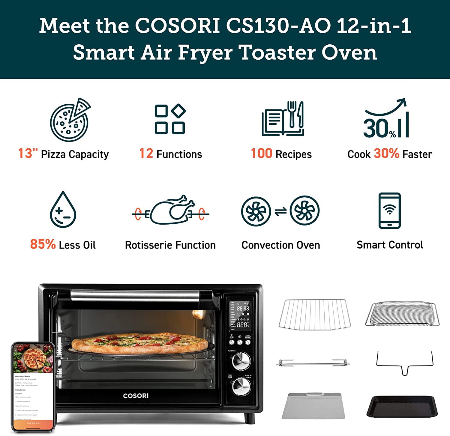COSORI Smart Air Fryer Toaster Oven, Large 32-Quart, Stainless Steel, Walmart Exclusive Bonus, Black，CS130-AO-RXB - image 4 of 16