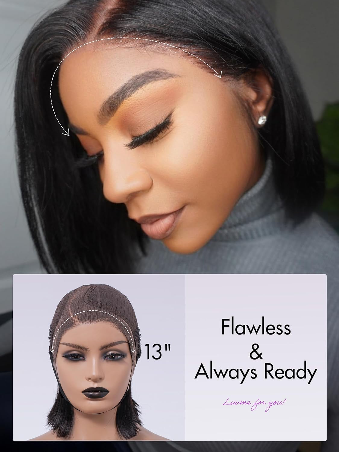 LUVME HAIR 10" Glueless Lace Front Bob Wig 100% Human Hair, 13x5x1 Side Part Straight Modern for Women