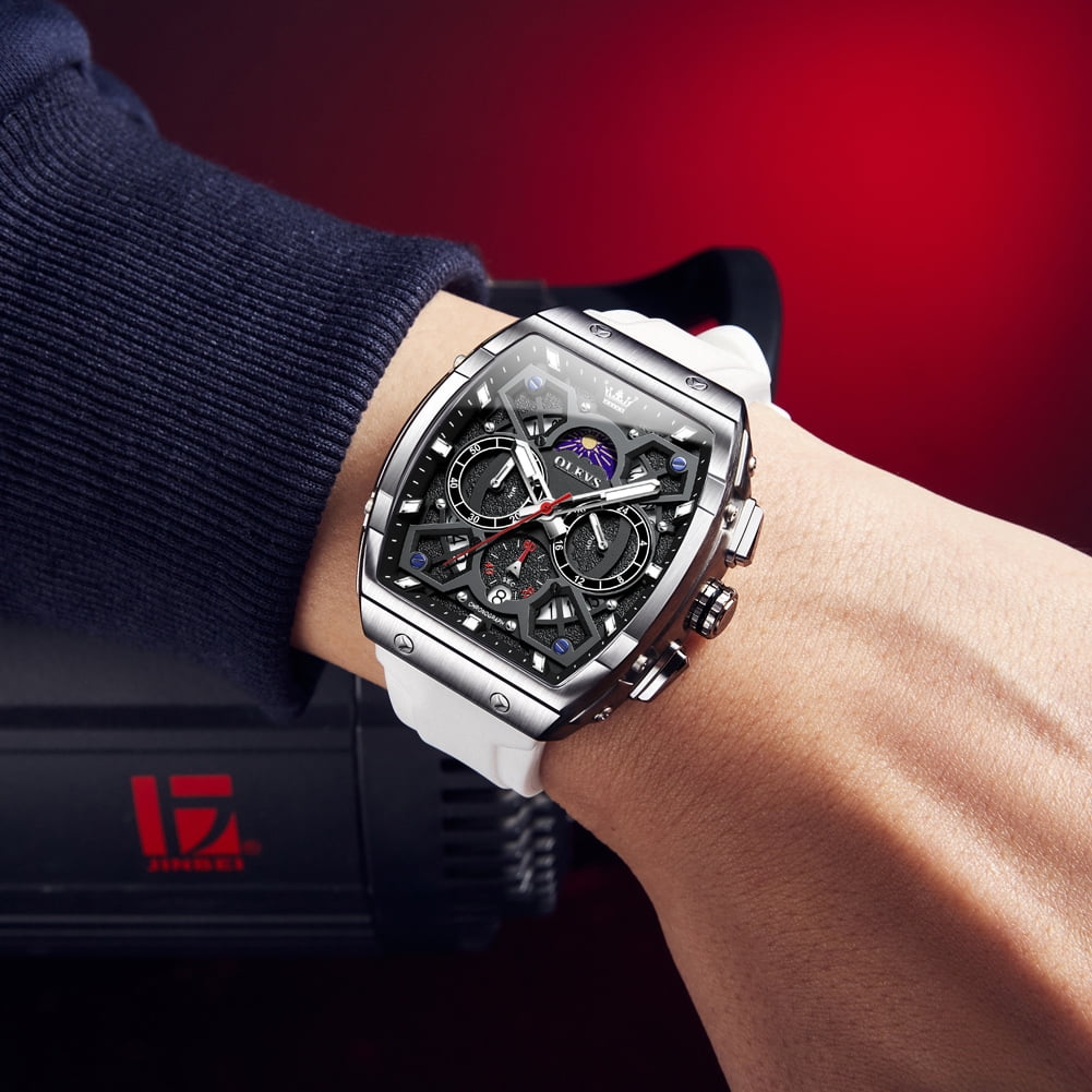 OLEVS Watches for Men Chronograph Waterproof Luxury Dress Quartz Silicon Strap Multifunction Moon Phase Calendar Luminous Men Wrist Watches Reloj Para Hombre Black/Red
