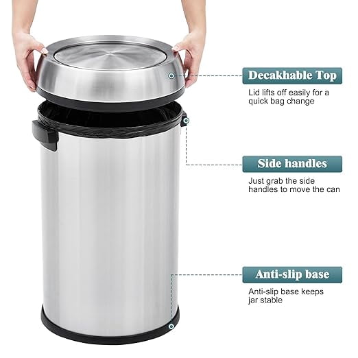 65L/17Gal Trash Can with Swing Top, Commercial Grade Heavy Duty Brushed
