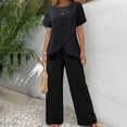 thumbnail image 2 of Pants Suits for Women Dressy A Two Piece Short Sleeved Round Neck Loose Casual And Irregular Formal Pants Women Petite Two Piece Pantsuit Jumpsuit Outfit Wedding Guest Formal Suits for Evening Black S, 2 of 9