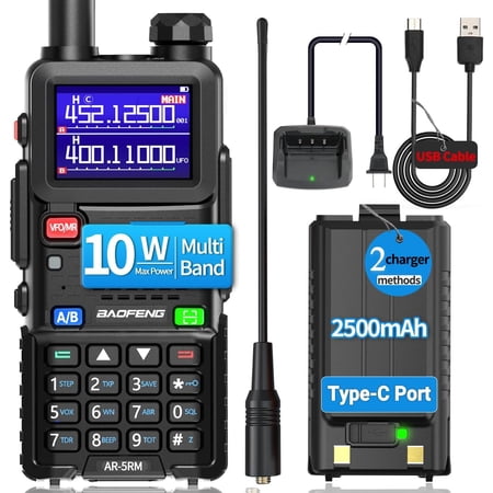 Ham Radio Radio 5RM 10W Long Range Handheld AR-5RM Two Way Radio UV-5R NOAA Weather Receiver Rechargeable Walkie Talkies Longe Range DTMF Copy Frequency 999CH with Type C Charging(1 Pack)