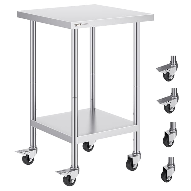 Mesa de trabajo de acero inoxidable VEVOR de 61 x 61 x 96 cm, con 4 ruedas y 3 niveles de altura ajustables, resistente para la preparación de alimentos en cocinas comerciales, color plateado
