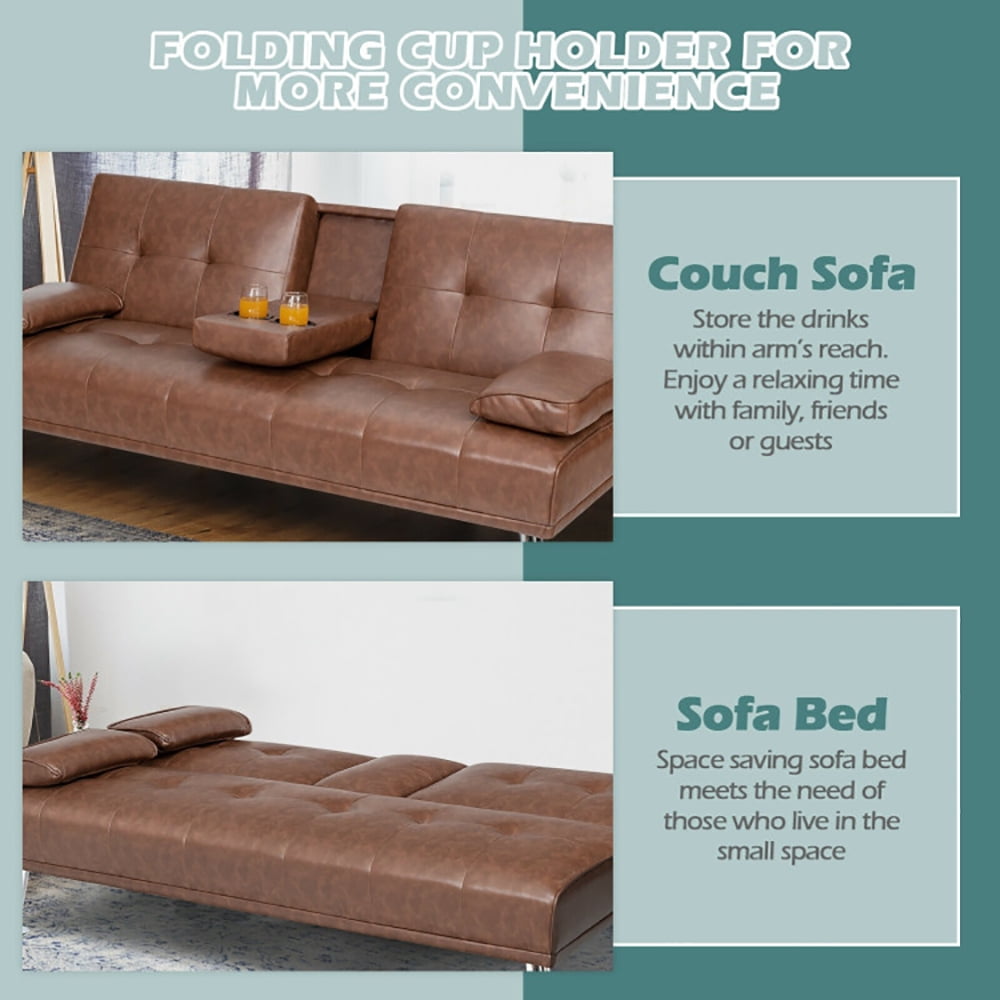 Finihen Futon Sofa Bed, Leather Couch, Convertible Folding Recliner, Convertible Folding Leather Futon Sofa with Cup Holders and Armrests, for Living Room, Bedroom, Brown Finihen Futon Sofa Bed, Leather Couch, Convertible Folding Recliner, Convertible Folding Leather Futon Sofa with Cup Holders and Armrests, for Living Room, Bedroom, Brown