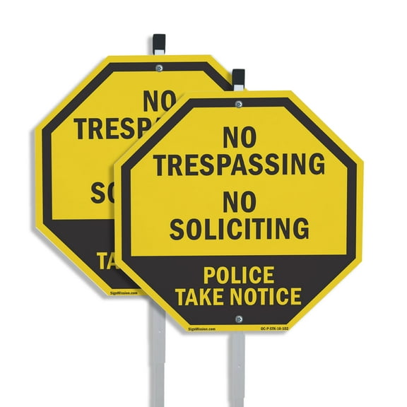 No Trespassing No Soliciting Police Take Notice (2 Pack) 10 inch X 10 inch Octagon Plastic Signs with Aluminum Mounting Stakes Weather Resistant UV Protected for Workplace Private