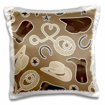 3dRose Cute Cowboy Theme Pattern Tan and Brown - Pillow Case, 16 by