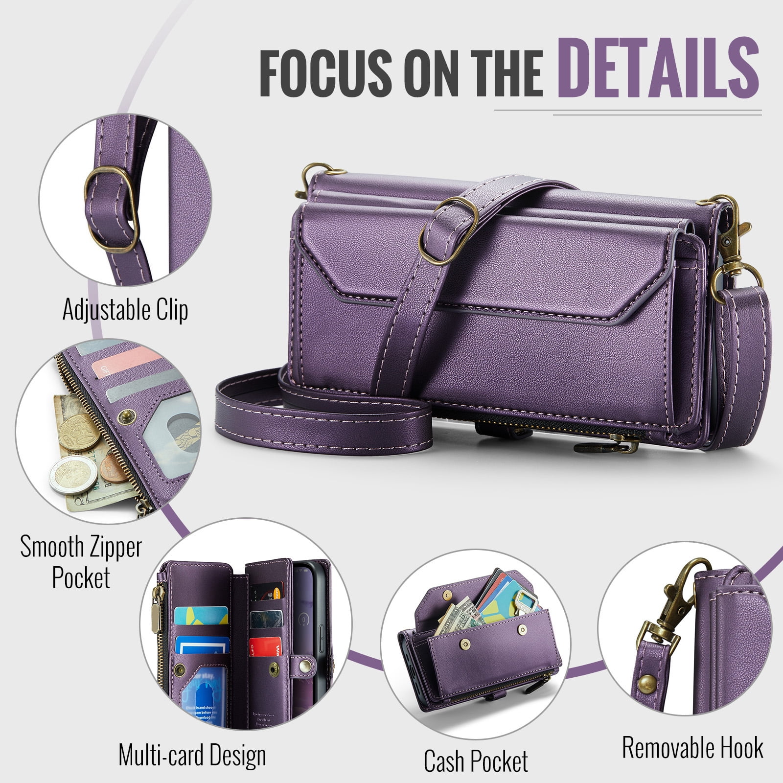 Compatible with iPhone 16e/SE 2025/SE 4 Zipper Wallet Phone Case Tempered Glass Screen Protector Crossbody Lanyard Strap Flip Card Holder Slot Cell Cover for i Phone16e i16e 16 e SE4 Women Purple