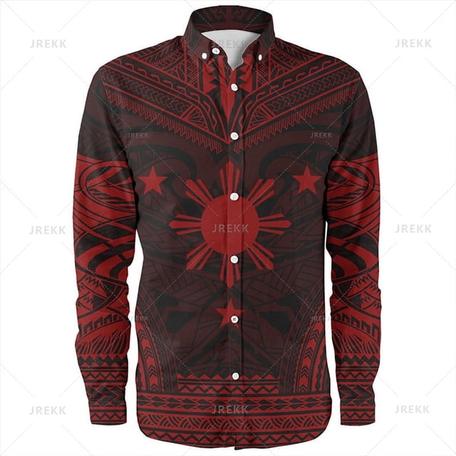 Camisas de manga larga con estampado de emblema étnico filipino en 3D vintage de tamaño pequeño para hombre, blusas con estampados tribales filipinos