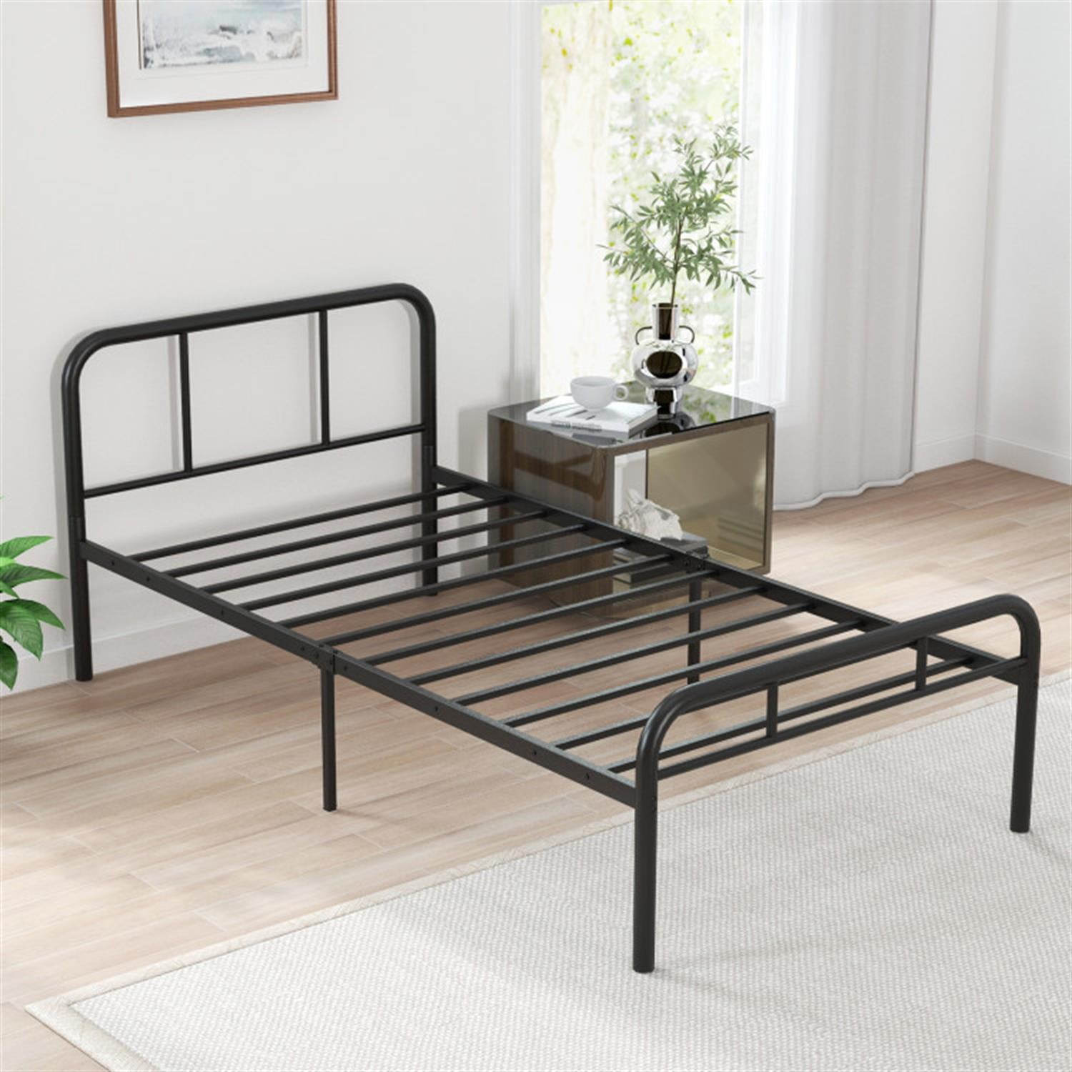 Demi Bonn Modern Metal Bed Frame with Curved Headboard and Footboard, Metal Platform Bed Frame, Under Bed Storage, Strong Metal Slats Support, Black