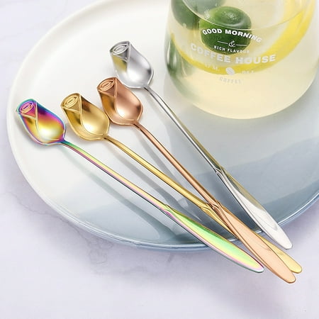 

Realyc Dessert Spoon Tableware Comfortable Grip Useful Stainless Steel Rose Flower Stirring Spoon
