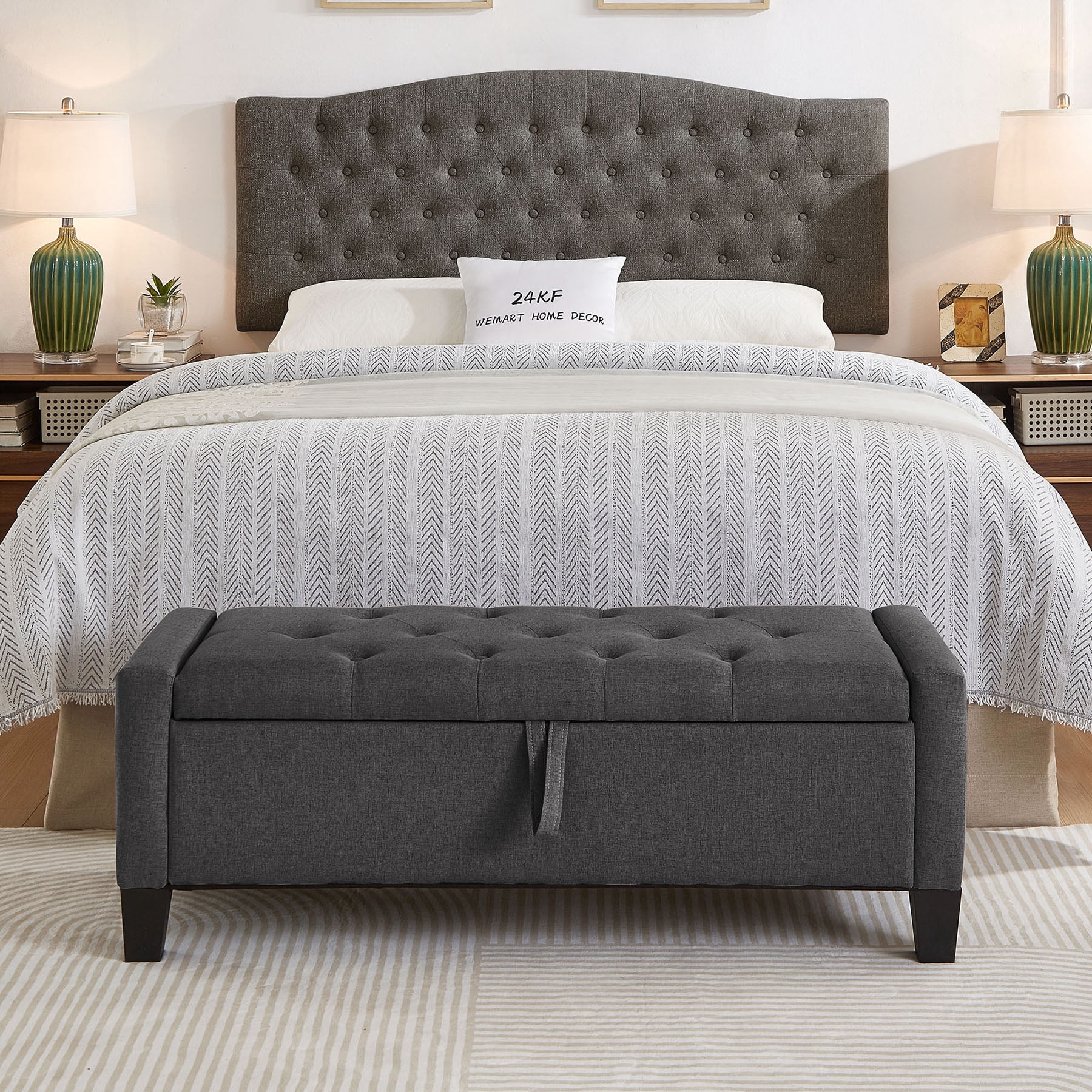 CQSXDA Upholstered Ottoman Bench in Linen with Storage and Safety Hinge for Entryway Seating and Organization