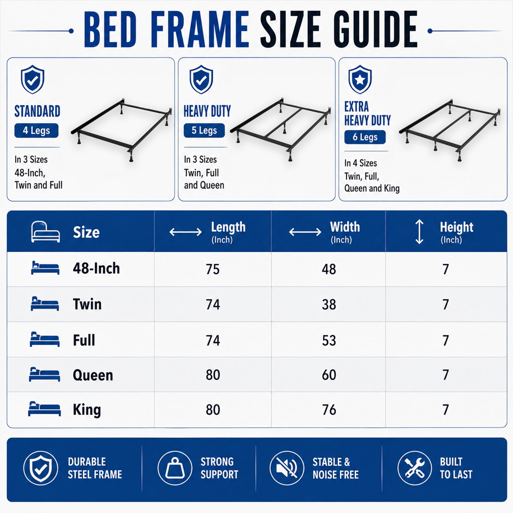 Continental Sleep, Advanced Metal Bed Frame for Box Spring and Mattress, Iron Center Support, Headboard Attachable, Noise-Free, Tool-Free Easy Assembly, 6-Legs Support, King, Black