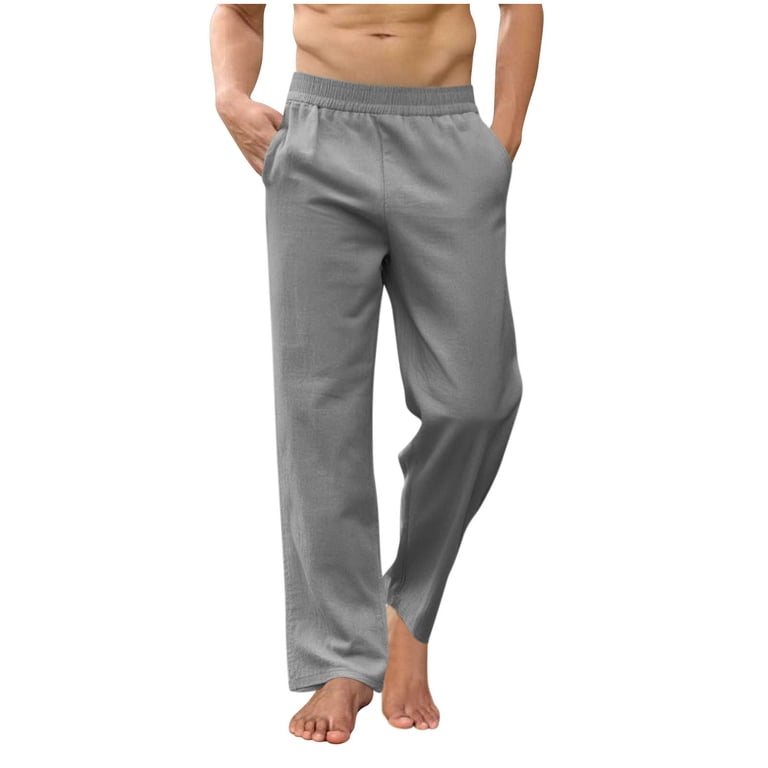 Kalauyu Linen Pants Men Casual Elastic Drawstring Waist Yoga Pants