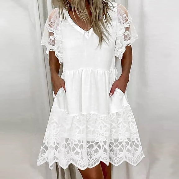 Women Casual Solid Dress Short Sleeve V Neck Lace Spliice Dress Ruffle Loose Dress Womens Outfits Summer Casual Tan Dress Casual Dress for Juniors Short Sleeves Midi Dress Backless Long Sleeve Dress