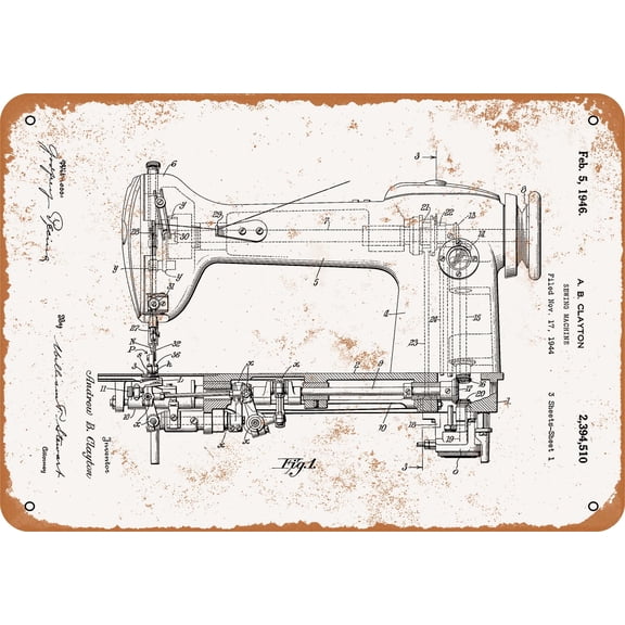 7 x 10 METAL SIGN - 1946 Sewing Machine Patent - Vintage Rusty Look