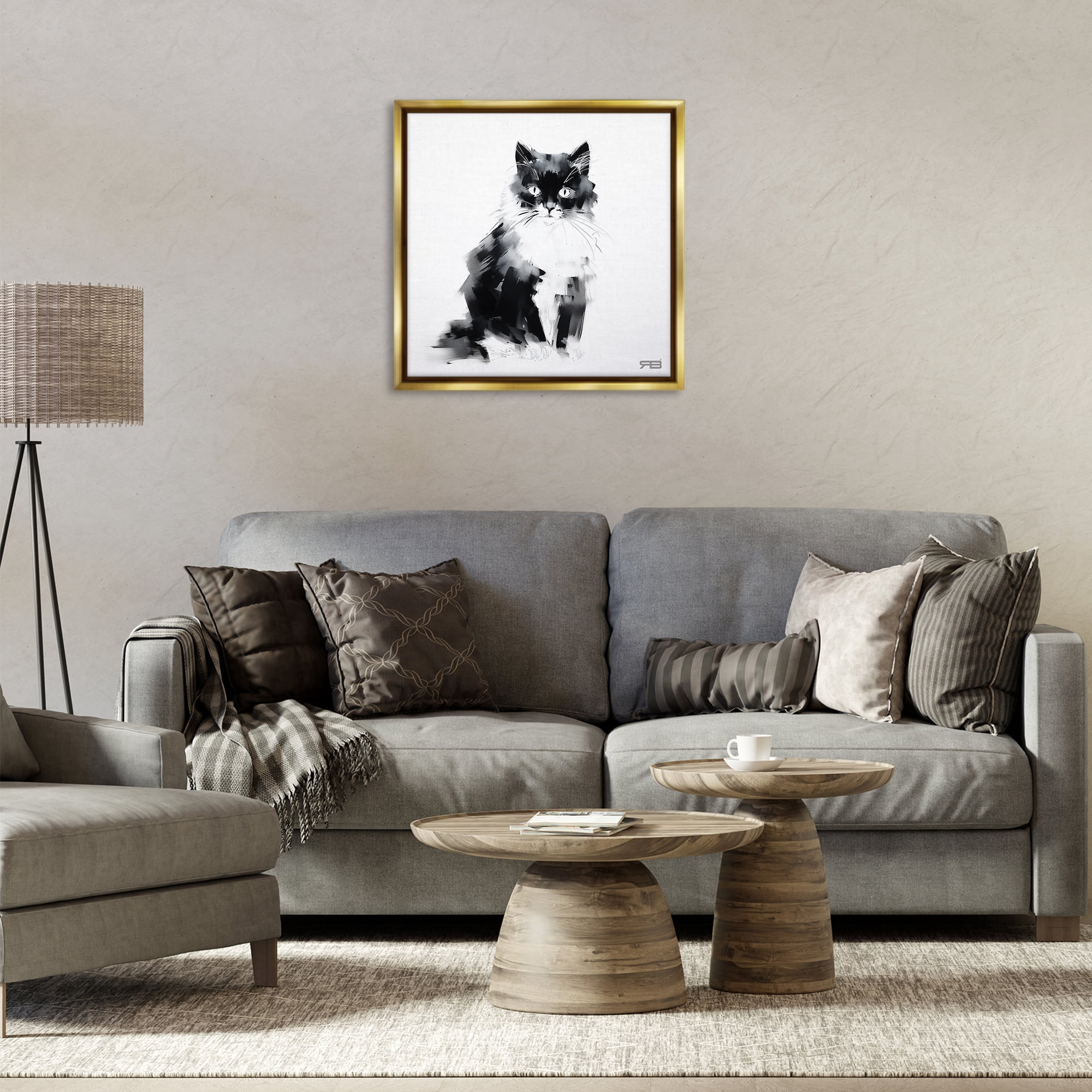 Stupell Industries Abstract Black & White Cat Animals & Insects Painting Gold Floater Framed Canvas Art Print Wall Art, 25 x 25