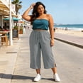 thumbnail image 5 of Cutuoiiu Plus Size Cropped Wide Leg Pants for Women Solid Color Elastic Drawstring Waist Mid Calf Pants With Side Pockets Split Hem Lightweight Summer Daily Walking Bottoms, 5 of 9