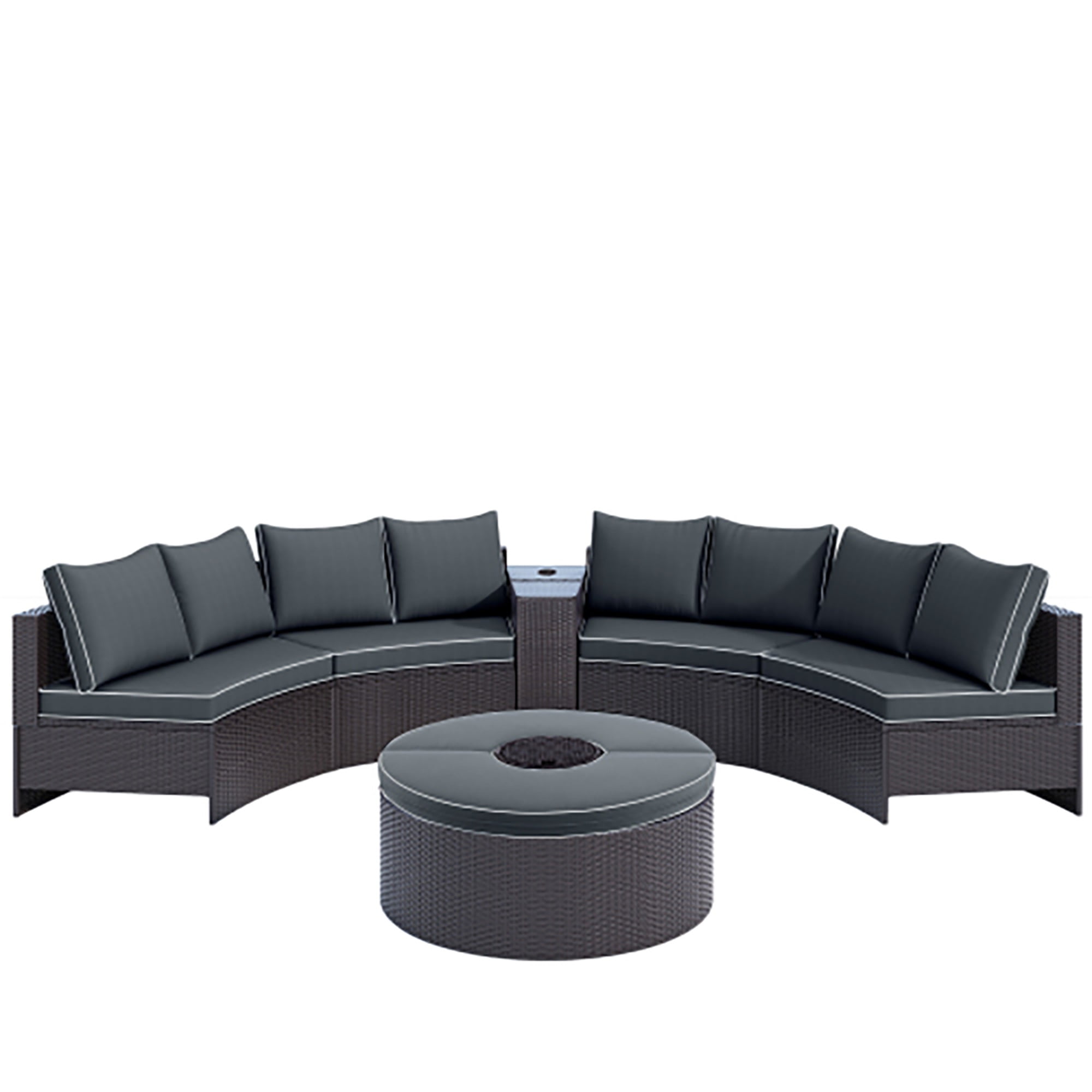 Kadyn Outdoor Combination Semi-circular Patio Rattan Sofa Set with a Storage Side Table for Umbrellas and a Multifunctional Round Table, Brown + Gray PE Wicker Conversation Furniture Set Kadyn Outdoor Combination Semi-circular Patio Rattan Sofa Set with a Storage Side Table for Umbrellas and a Multifunctional Round Table, Brown + Gray PE Wicker Conversation Furniture Set