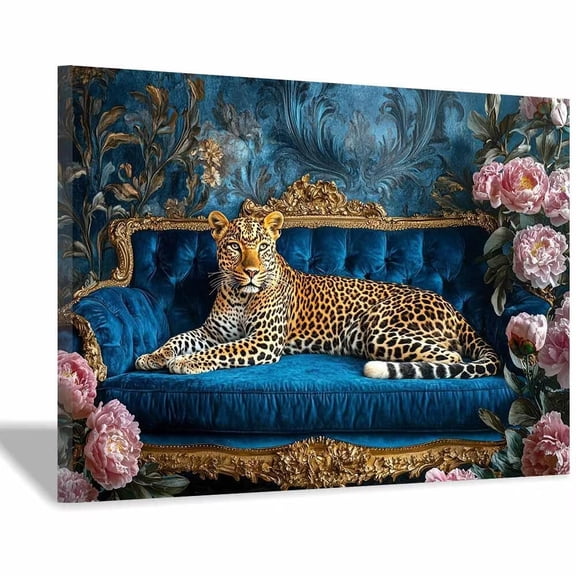 Mudket Leopard on Blue Velvet Sofa with Peonies Canvas Wall Art, Framed Leopard Print Wall Decor for Living Room Bedroom, Elegant Animal Wall Art, Ready to Hang - 12"L x 8"W