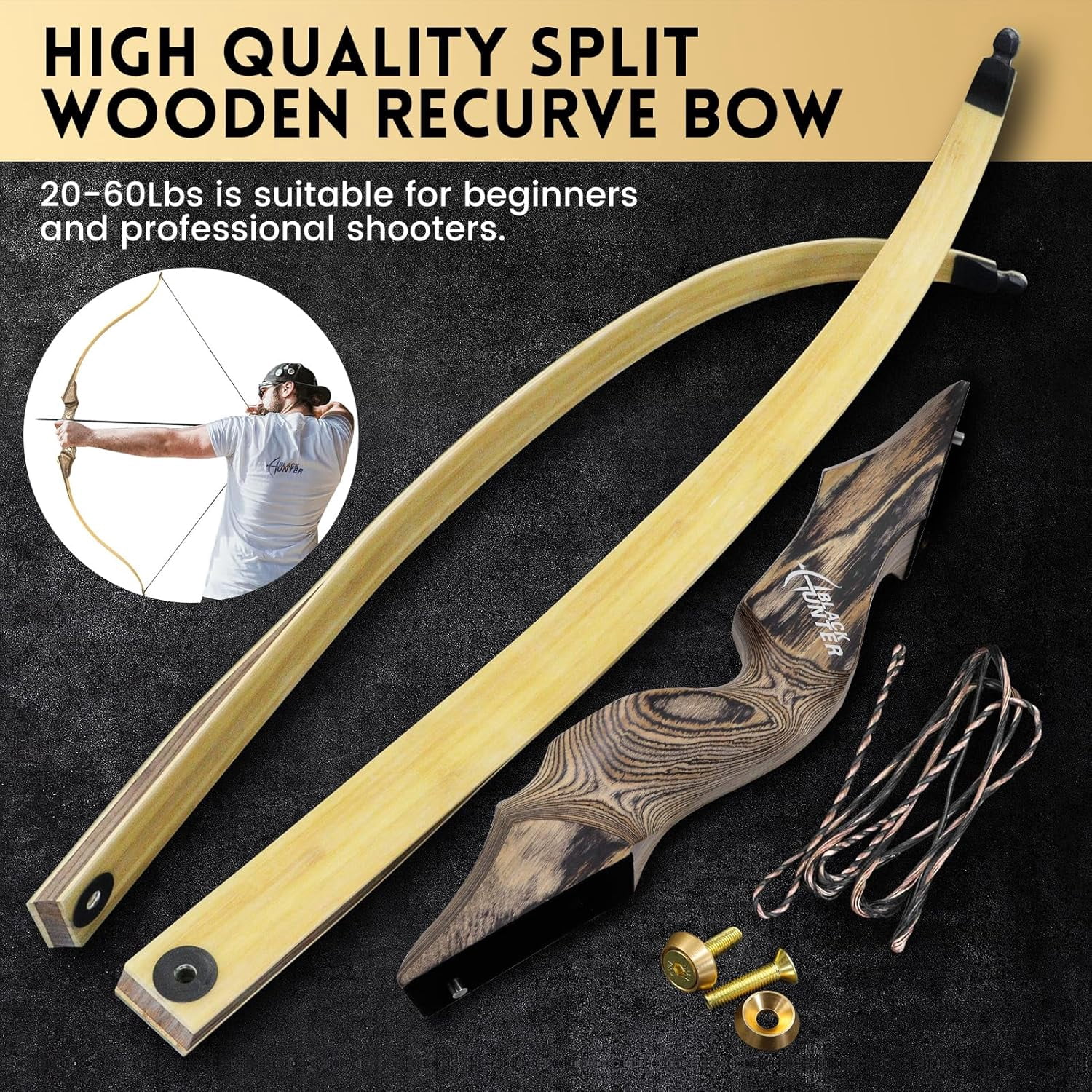 Black Hunter Bow 60 Inch Archery Takedown Recurve Bow 20-60 Lbs Right Hand Hunting Bow with Stringer Tool Wooden Riser Archery Bow Set for Adults Shooting Practice