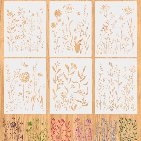 Botanical Wall Stencil Kit for Painting 14.57x11.02 Inch - Large Reusable Plastic Fern, Leaf & Flower Templates, 6 Pack DIY Seamless Stencils for Crafts, Canvas & Home DéCor Art