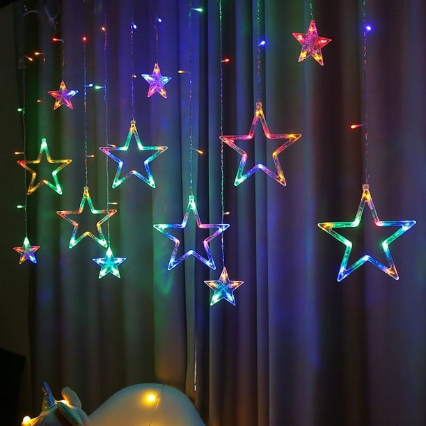 Guirnalda de luces de cortina de 12 estrellas, 2,5 m, 138 LED, con 8 modos de iluminación para bodas, Navidad, fiestas, festivales y uso en interiores y exteriores.