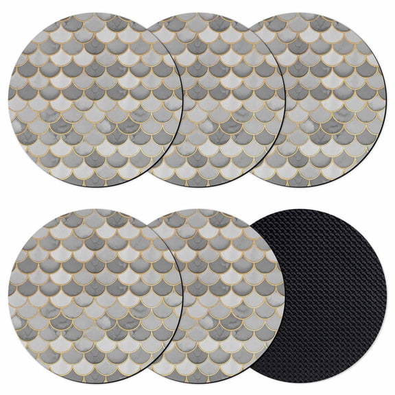 Grey Fish Scale Coasters Set of 6, Absorbent Coasters for Drinks, Modern Geometric Gold Abstract Moroccan Coaster for Desk Coffee Table Protection, Home Decor House Warming Gifts 4"