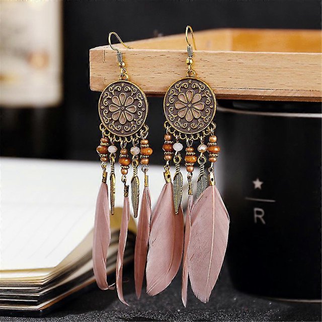 Black Feather Earrings Boho Beaded Earrings Women's Drop Tassel Earrings--2pcs--pink--Product code 83875 2pcs pink