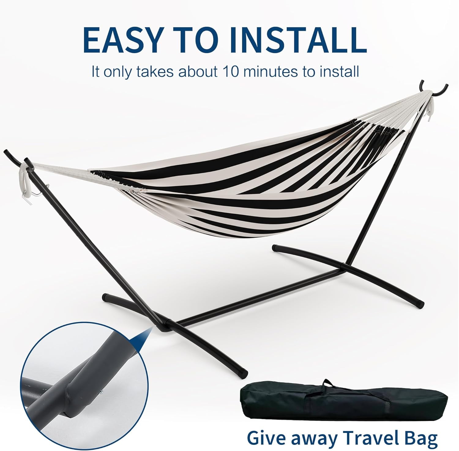 Double Hammock with Stand - Heavy Duty 450lbs Capacity, Portable Cotton Hammock for Two Adults, Indoor & Outdoor Use with Travel Bag, Black&White Stripe Pattern