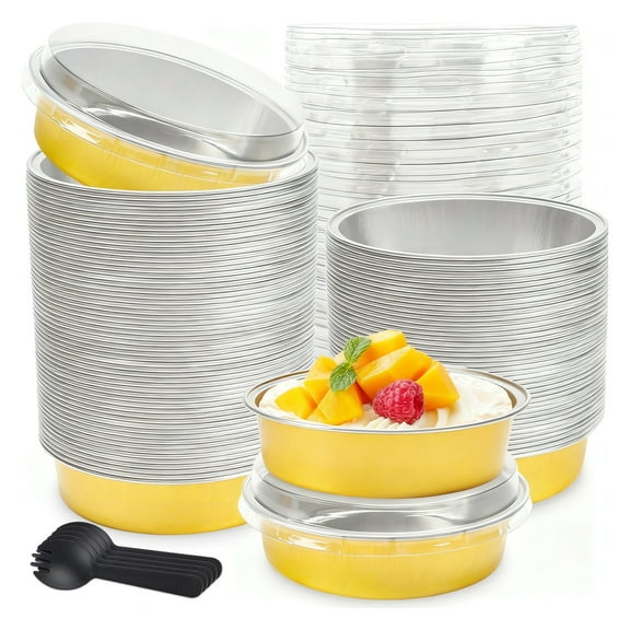 8oz Mini Cake Pans with Lids, 50-Pack Round Aluminum Foil Baking Pans for Cakes, Ideal for Party Wedding Picnics (Gold)