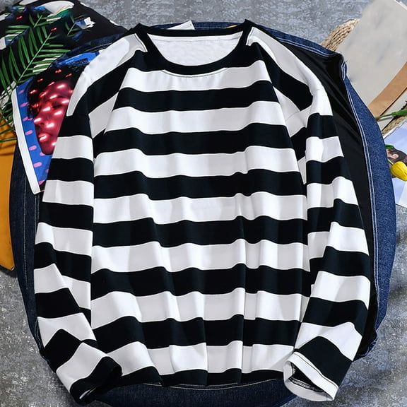 MTBLYS Long Sleeve Top Trendy Women Fashionable Crew Neck Striped Print Blouse Loose Tee Lightweight Loose Fit Button Tunic T Shirts Tops Going Out Tops