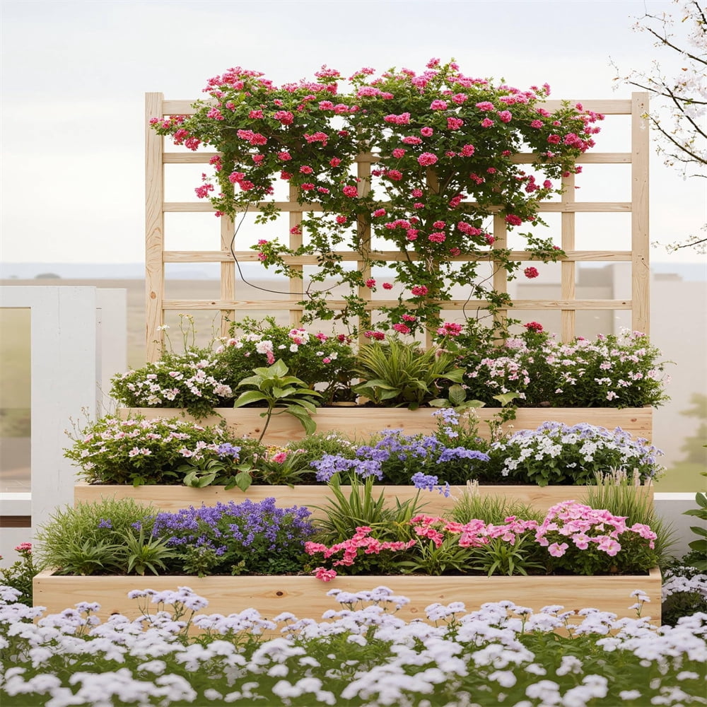 3-Tier Vertical Cedar Planter Box with Trellis - Raised Garden Bed for Climbing Plants, Vegetables & Herbs, Open Base Drainage Design, Ideal for Patios, Decks & Yards