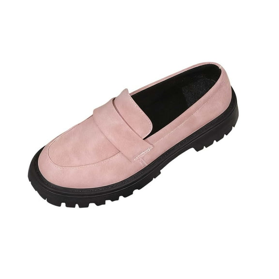 KEGIRLOM Women's Fashionable And Casual Four-Season Loafers Solid Color Round Toe Thick Heel Low Heel Thick Sole Shoes Pink Size 5.5