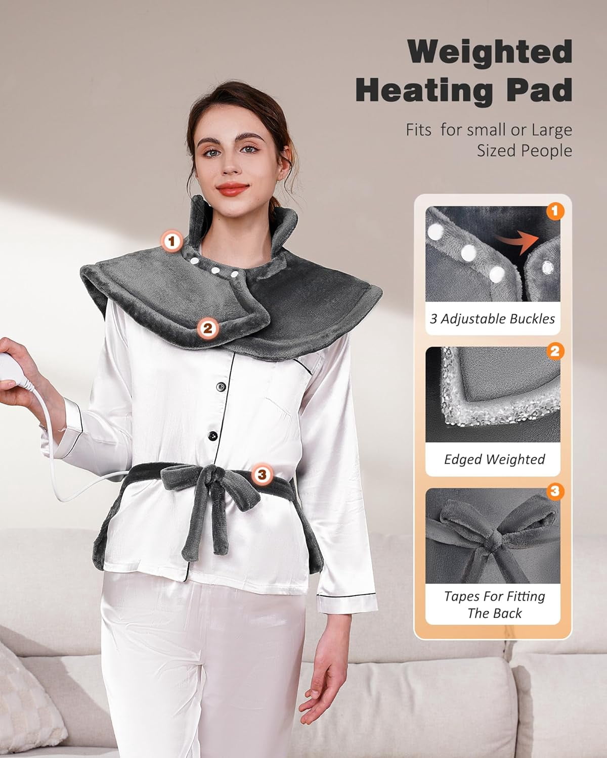 SPA4PIEDS Weighted Heating Pad for Neck and Shoulders and Back, 2.5lb Large Electric Wearable Gifts for Women, Men, Mom, Dad (Grey)