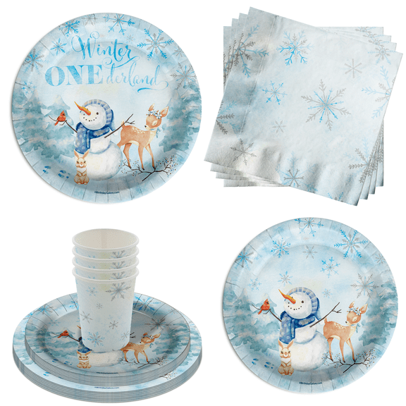 Snowman Winter Onederland 1st Birthday Party Supplies 64 Piece Tableware Set Includes Large 9" Paper Plates Dessert Plates, Cups and Napkins Kit for 16