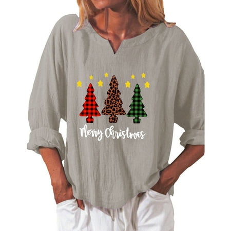 

Women Christmas Loose Long Sleeve V-Neck Casual T-Shirt Blouse Tops