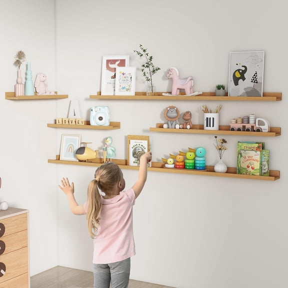 Picture Ledge Shelf, Floating Shelves Set of 2, 48 Inches Long Large Nursery Book Shelves for Toys Storage, Kids Bookshelf Wall Mounted for Living Room Bedroom Decor Books Photo Frames, Natural Oak