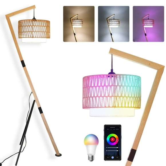 Tripod Floor Lamp Wood Rattan and Fabric Lamp Shade with 15W RGB Bulb for Bedroom, Office, Kids Room