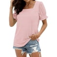 thumbnail image 3 of JIRNDf Chemises pour Femmes Hauts Tendance d'Été Mode à Volants Manches Courtes Encolure Carrée Blouse Rayée pour Femmes Tunique Décontractée Hauts Rose G, 3 of 5