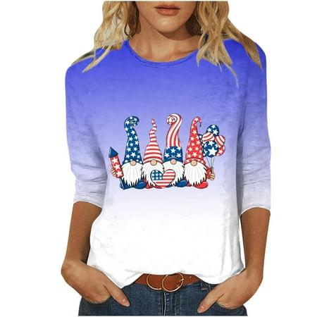 

LWZWM Women s Fourth Of July Tops 3/4 Sleeve Crew Neck Purple S