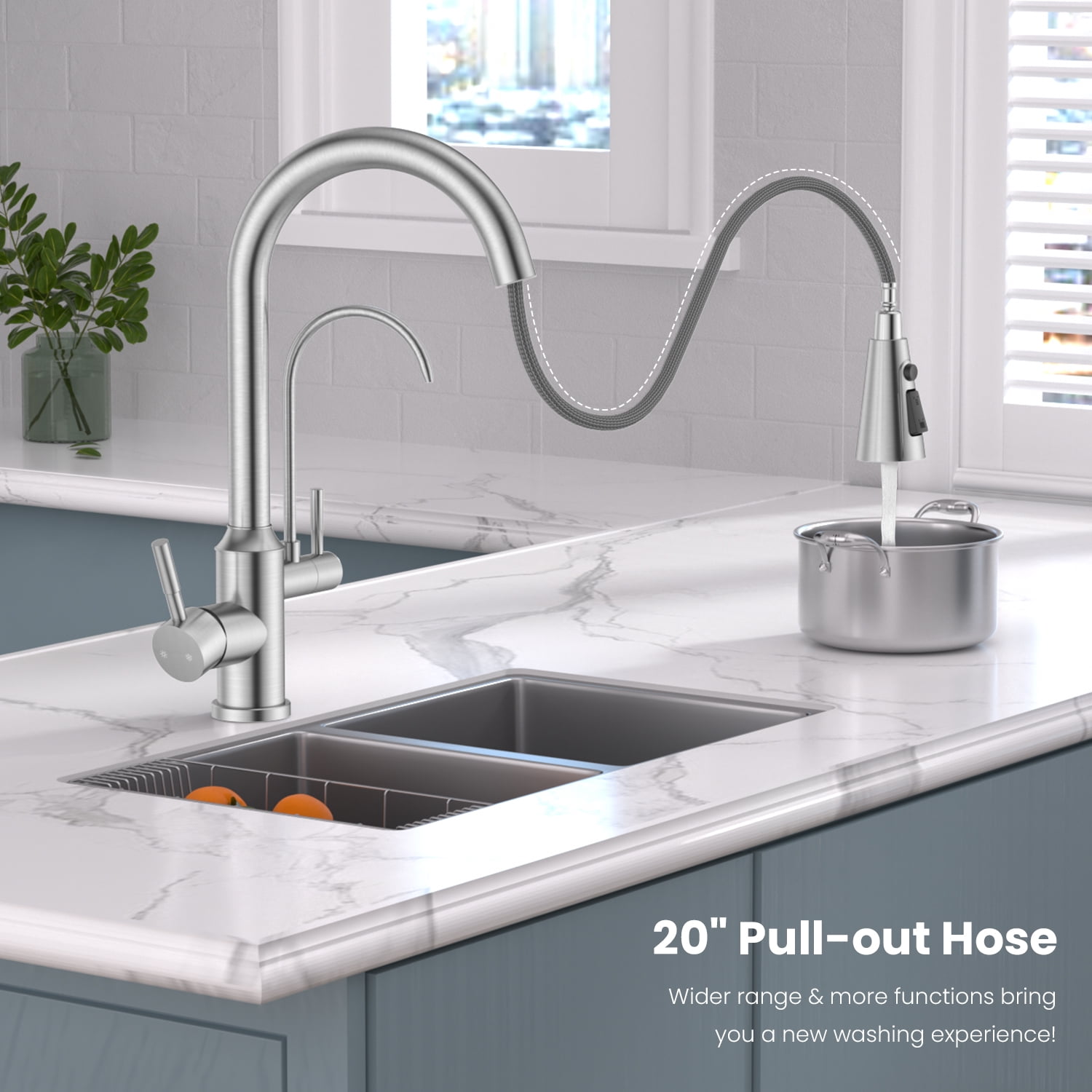 APPASO Kitchen Faucet with Water Filter, Pull Out 3 Way Sink Faucets with Sprayer, High Arch 2 Handle Faucet with Water Purifier - 3 in 1 Faucet Brushed Nickel (Without Water Filtration Device)