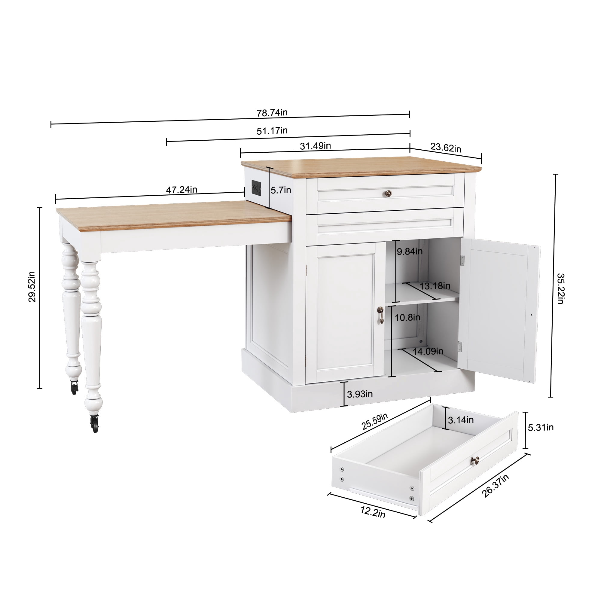 HLR 78.74" Mid-Century Extendable Kitchen Islands on Wheels with Roman column legs, Dining Table Cart with Storage, White