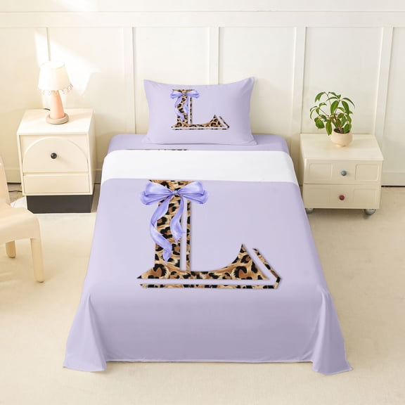 Erosebridal Cute Bow L Letter Twin Sheet Sets for Kid, Cheetah Leopard Print Bedding, 3-Piece