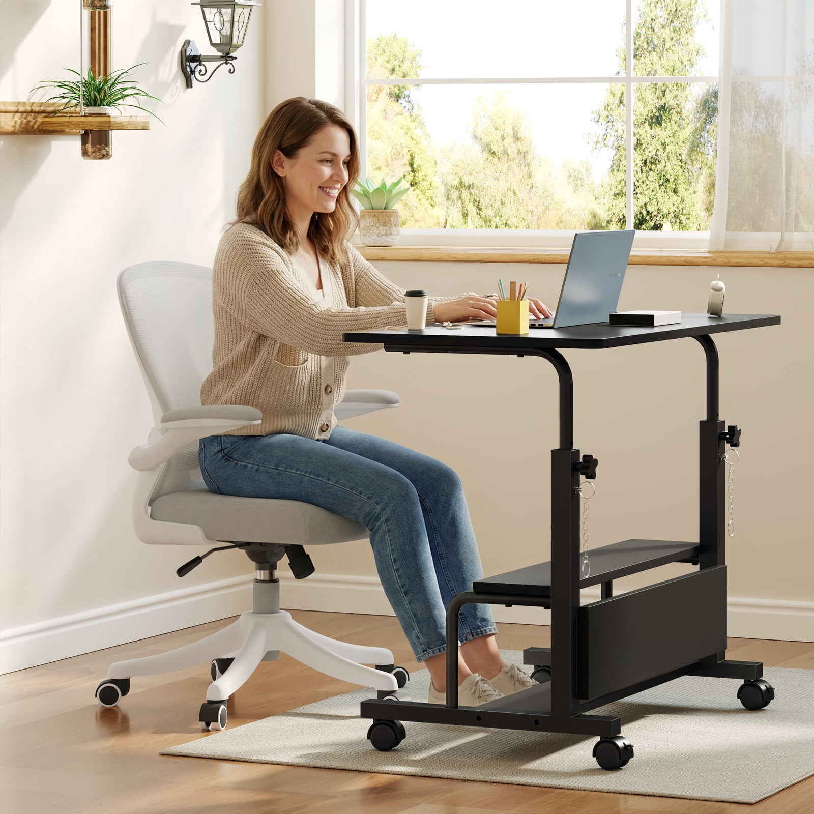 edx Height Adjustable Desk Standing Desk Small Desk for Small Spaces, Mobile Rolling Computer Desk on Wheels, Portable Desks Study Table for Home Office,Black