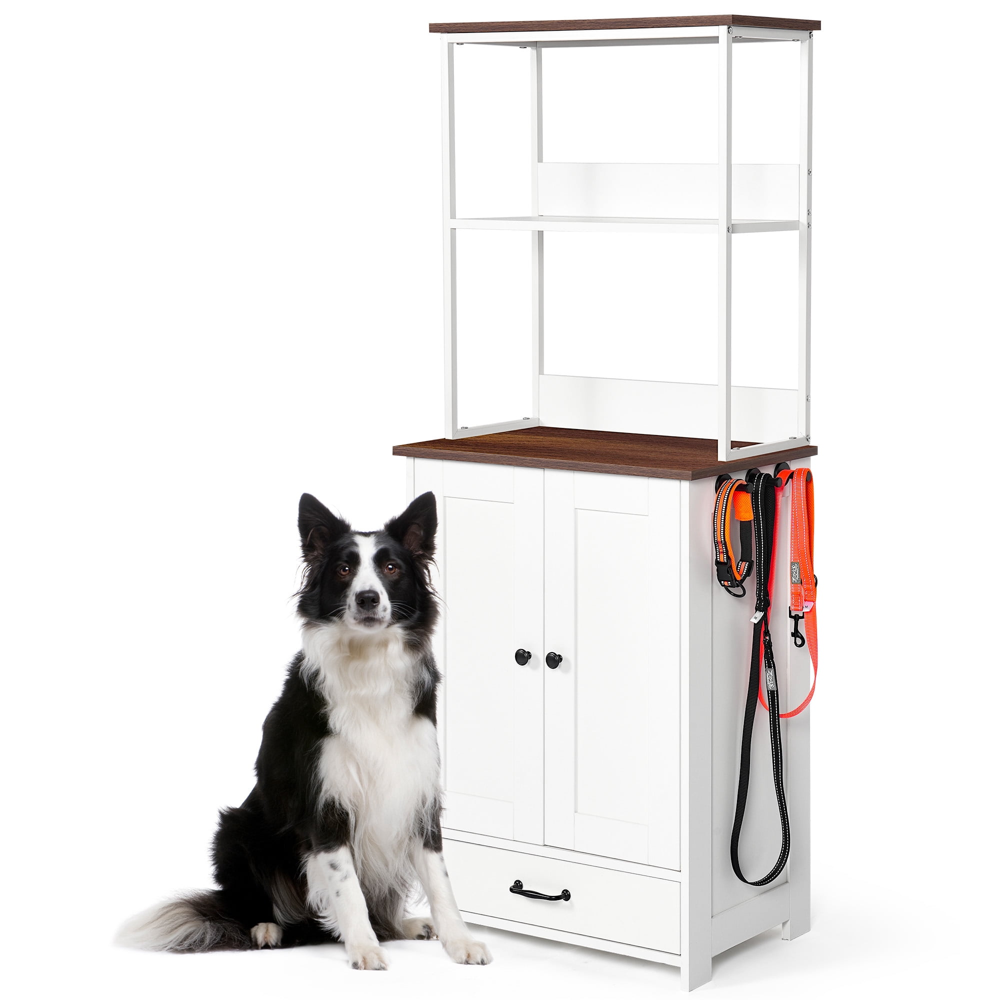 Tall Dog Feeding Station with 2-Level Storage Shelves and 2 Dog Bowls, Pet Feeder Cabinet with Pull-Out Drawer and Side Hooks, Dog Food Organizer for Cats and Dogs, White
