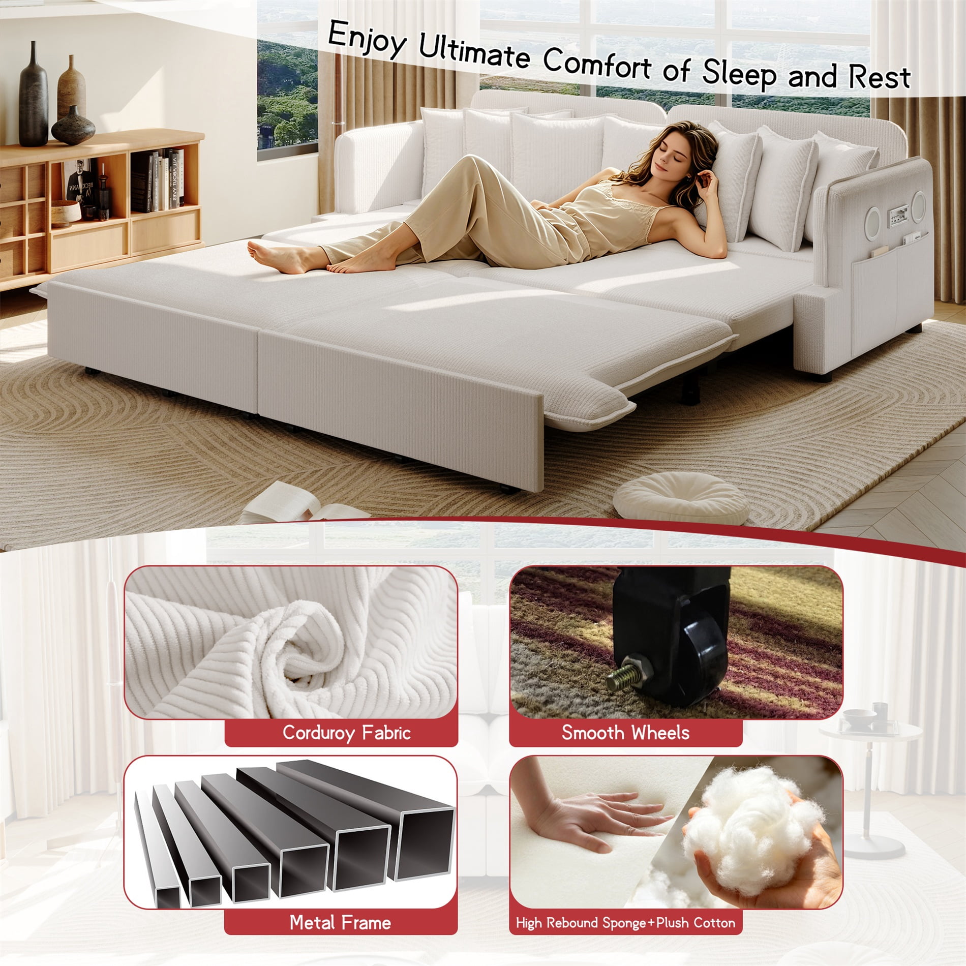 Alvantor 3 in 1 Convertible Sleeper Sofa Bed, 82" W Pull Out Sofa Bed with Bluetooth Speakers, USB Ports for living room, Apartment, Beige