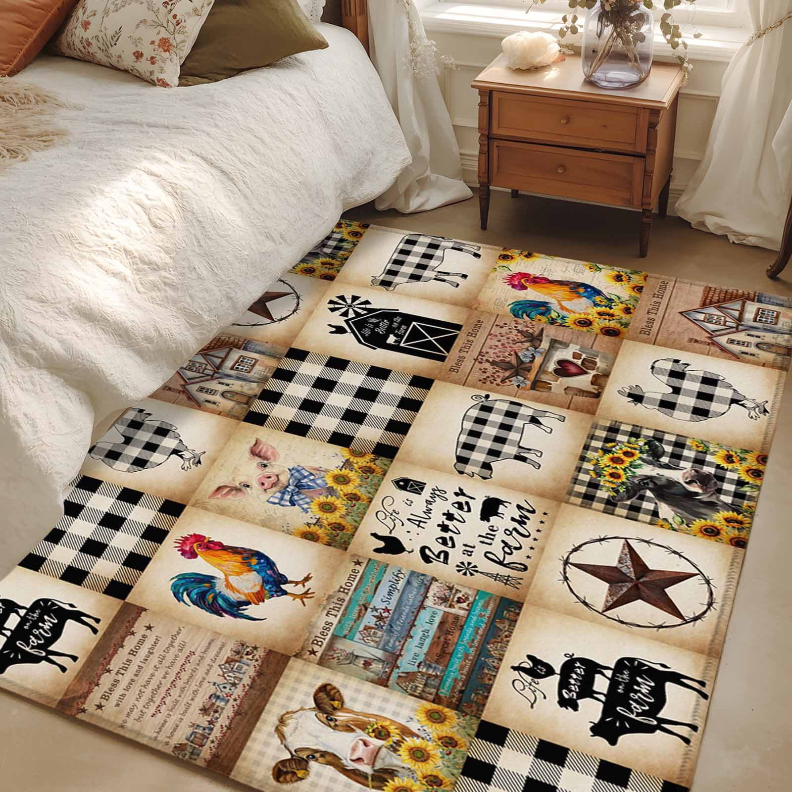 3'x5' Area Rugs, Animals Farmhouse Indoor Outdoor Area Rug for Living Room Bedroom, Vintage Farm Country Star Brown Plaid Washable Bathroom Rugs Kitchen Floor Carpet Mats Home Decor Aesthetic