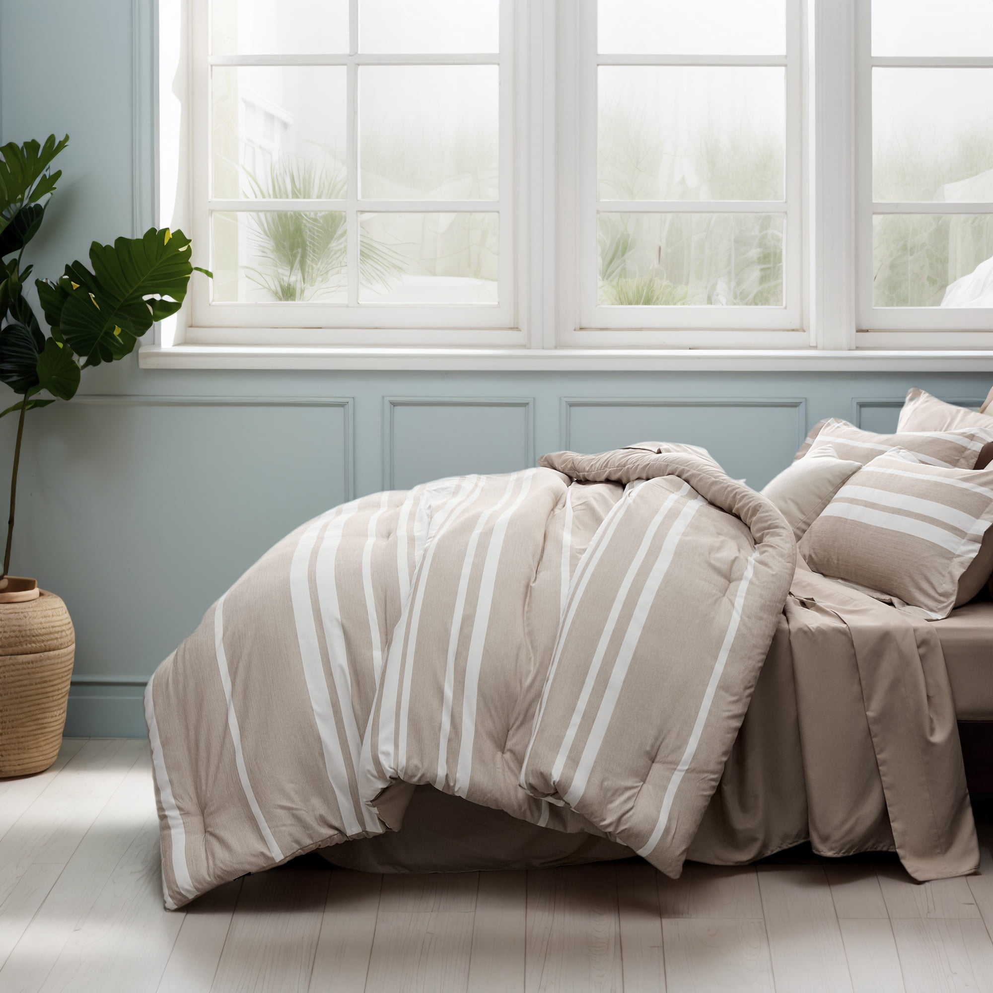 U by Bedsure Full Comforter Set, 7 Pieces Brown White Striped Bedding Sets All Season, Bed in a Bag with Comforter, Sheets, Pillowcases & Shams